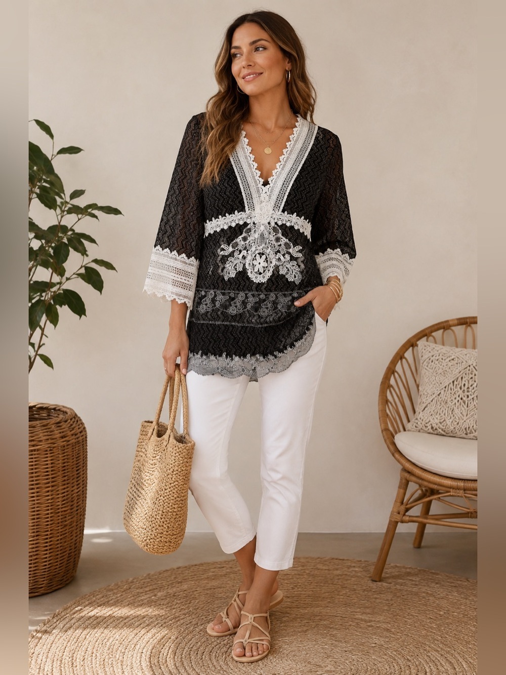 Passion Concept Whimsigoth Lace Tunic Blouse Black White Fairycore Size L EUC